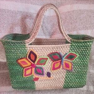 & Other Stories Green and Cream Floral Woven Tote